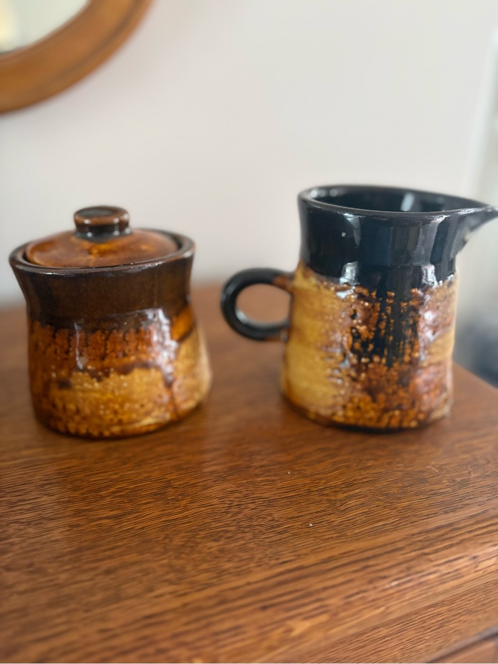 Handmade Laurentian Pottery Creamer and Sugar Set in Brown and Amber Glaze